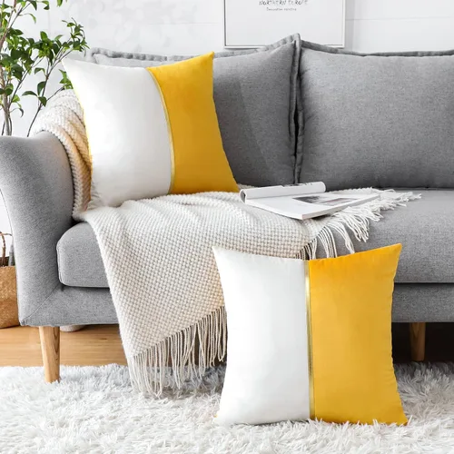 Miniatura 5 de OTOSTAR Fundas de almohada de terciopelo amarillo y blanco con retazo de cuero dorado, lujosas, modernas, minimalistas, cuadradas, para sala