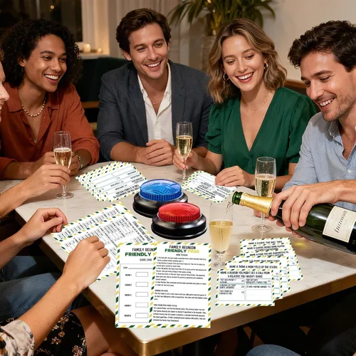 Miniatura 4 de Juego de cartas de disputa familiar con 2 zumbadores de respuesta, noche de juego familiar, divertido cuestionario de preguntas para reuniones