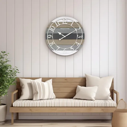 Miniatura 3 de Presentime & Co Reloj de pared moderno de granja con diseño shiplap, de 19.5 pulgadas, números arábicos blancos con estilo shiplap de veta de madera