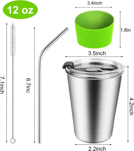 Miniatura 2 de ShineMe Vasos de acero inoxidable para niños, vasos de metal con tapas, pajitas y mangas de acero inoxidable, vaso de agua reutilizable de 12 onzas