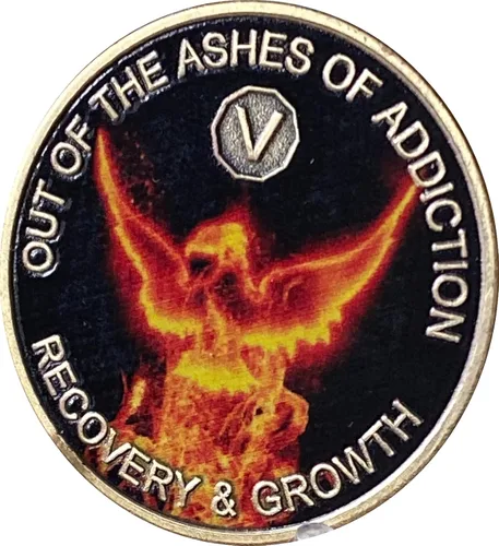 Miniatura 4 de 5 años Color de las cenizas de la adicción Phoenix Flames Sobriety Chip AA NA Medallion