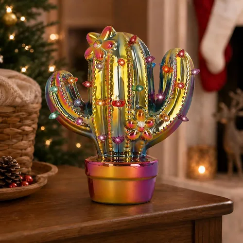 Miniatura 6 de Cactus de Navidad de cerámica – Cactus de árbol de Navidad de cerámica vintage – Cactus de árbol de Navidad iluminado – Cactus nostálgico árbol