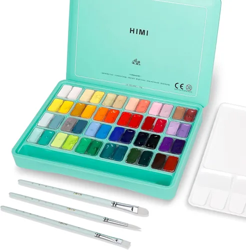 HIMI - Juego de pintura gouache, 48 colores x 0.4 onzas, diseño de copitas gemelas tipo gelatina, bono de 3 pinceles y una paleta, no tóxica,