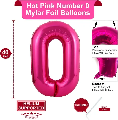 Miniatura 2 de Globo de 40 pulgadas color rosa intenso número 0 de gran tamaño Jumbo dígitos de aluminio Mylar globos de helio rosa brillante para fiesta