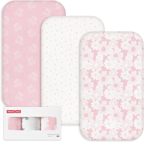 Miniatura 25 de Gllquen Baby Sábanas de Muselina para Moisés Paquete de 3, Sábanas Ajustadas de Algodón Transpirables Elásticas y Acogedoras para Colchón de Moisés