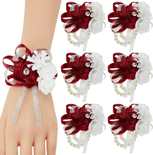 Miniatura 8 de Juego de 4 ramilletes de muñeca color borgoña para boda, juego de ramilletes rojo vino rosa para baile de graduación, novia, dama de honor, niña, 4