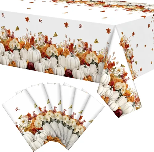 Bencailor 6 Pcs Pumpkin Tablecloth Rectangle Plastic Pumpkin Tablecloths Party Decorations Kitchen Floral Plastic Patio Table Covers, 54 x 108 Inch