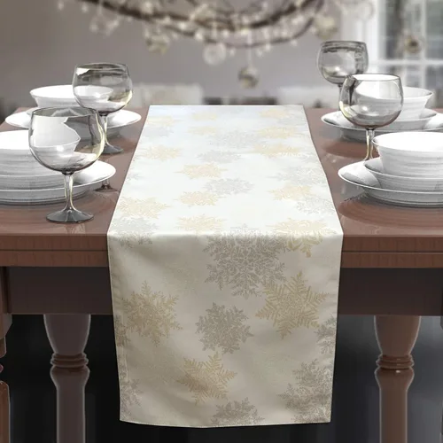 CAIT CHAPMAN HOME COLLECTION - Mantel festivo de copos de nieve plateados y dorados metálicos en jacquard tejido (mantel de 35 x 183 cm)