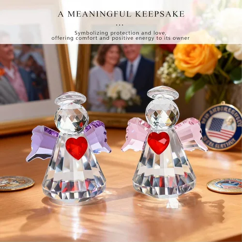 Miniatura 4 de HDCRYSTALGIFTS Juego de 2 figuras coleccionables de ángel guardián de cristal, adornos de ángel de cristal de 2.5 pulgadas para Navidad, Acción