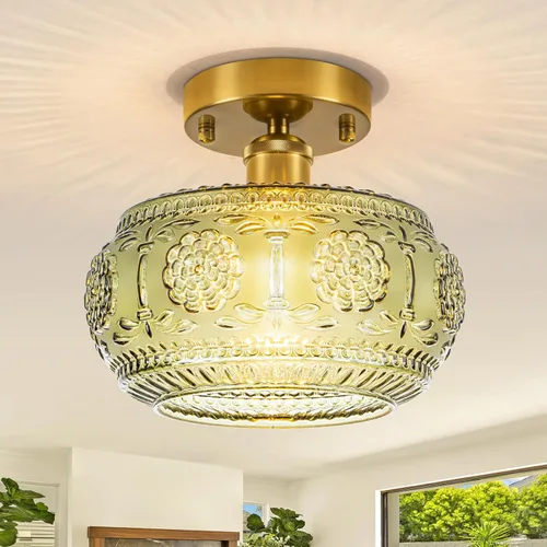Lámpara de techo semiempotrada, diseño floral de latón y dorado, pantalla de cristal verde, iluminación moderna vintage para cocina, baño, entrada