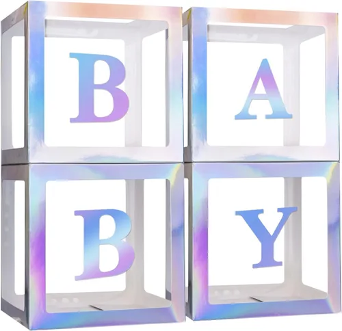 Miniatura 9 de Cajas de bebé PABUES con 4 piezas de letras para baby shower, caja de globos transparentes en blanco con bloques para revelación de género
