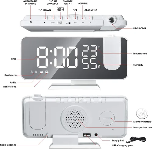Miniatura 3 de ThreeH Reloj despertador de proyección con cargador USB Proyector giratorio de 180° Reloj despertador con radio FM Pantalla de espejo de 7.4