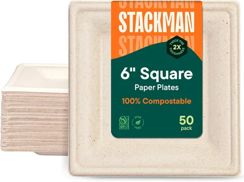 Platos de papel cuadrados 100% compostables [paquete de 50] – {Sin PFAS} – {Certificado BPI} – [6 pulgadas] – Platos de cena de bagazo