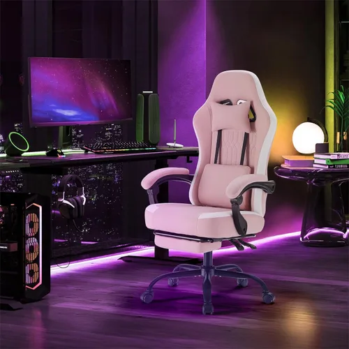 Miniatura 2 de Sweetcrispy Silla de videojuegos – Silla de escritorio ergonómica con reposapiés y soporte lumbar, altura ajustable con respaldo alto y reposabrazos