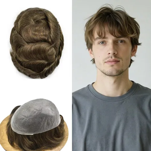 Miniatura 31 de FNY HAIR - Tupé para hombres, sistema de cabello humano, piel ultrafina, PU con bucle en V, prótesis de cabello natural para hombres, #1B05 1B# OFF