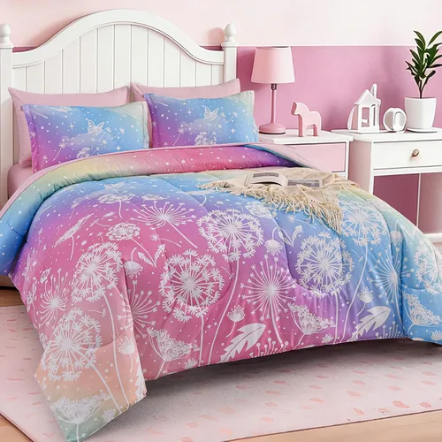 Miniatura 9 de Dinjoy Juego de edredón para niñas, tamaño individual, colorido, azul, rosa, morado, arcoíris, juego de ropa de cama de 6 piezas en una bolsa
