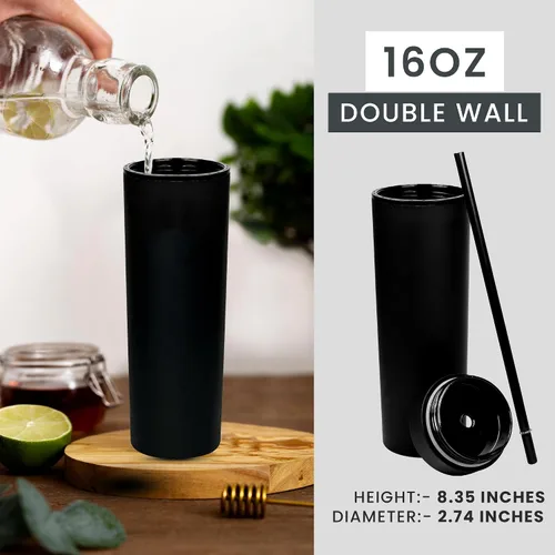 Miniatura 5 de SKINNY TUMBLERS - Paquete de 4 vasos de acrílico color pastel mate con tapa y popote, perfecto para el hogar, fiestas, viajes, vaso de plástico Negro