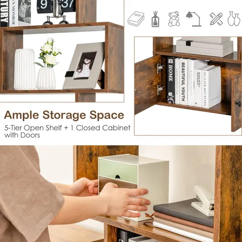 Miniatura 8 de Tangkula Estantería en forma de S con gabinete, estantería de 6 niveles con puertas, estanterías geométricas independientes para sala de estar