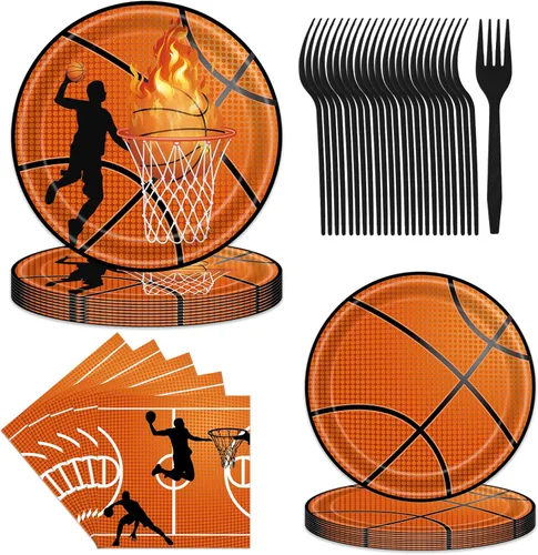 Decoraciones de fiesta de baloncesto, juego de 96 platos y servilletas de baloncesto para niños, decoraciones de fiesta de cumpleaños de niños,