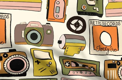 Spoonflower Tela - Cinta de cassette Cámaras retro Fotografía Analógica Música Vintage Impreso en Pétalos Tela de Algodón Fat Quarter - Costura