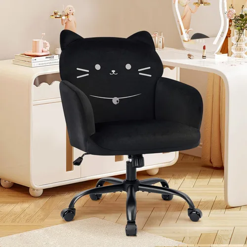 Miniatura 3 de IWMH Silla de oficina en casa, silla de escritorio de asiento ancho, lindas sillas giratorias de terciopelo para tocador, sillas de tareas con Negro
