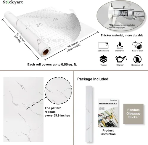 Miniatura 4 de Stickyart Papel de contacto grueso de mármol blanco para despegar y pegar, encimeras, armarios, papel tapiz de mármol extraíble para gabinetes