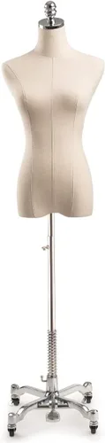 Miniatura 16 de TSC - Maniquí de forma de vestido de exhibición femenina en lienzo natural sobre base metálica con ruedas (bronce, grande)