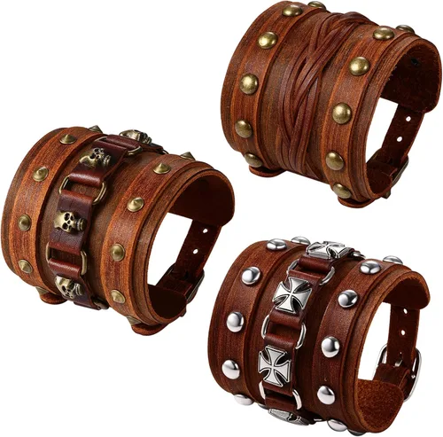 Miniatura 13 de OIDEA Assorted 3pcs Mens Punk Multistrand Leather Braided Bangle Cuff Bracelet for Biker Dad Father Size Adjustable
