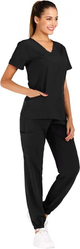 Miniatura 2 de Minty Mint Conjunto de uniforme médico elástico sólido para mujer con cuello en V pantalones deportivos cónicos tipo cargo