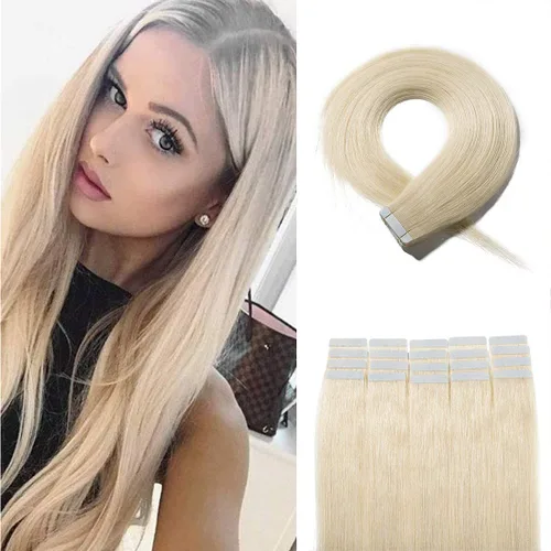 Miniatura 46 de Extensiones de cabello humano Remy con cinta adhesiva sin costuras (16 pulgadas, 10 unidades, rubio ceniza)