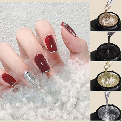 Miniatura 2 de Esmalte de uñas de gel con purpurina de metal plateado, 4 colores pintados de metal platino, esmalte de gel de dibujo dorado, plateado y negro