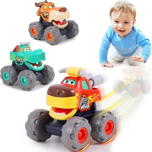 iPlay, iLearn Juguete de camión monstruo de 3 piezas, auto de tracción para bebé, camiones de animales Push Go, vehículo de juego de ruedas grandes