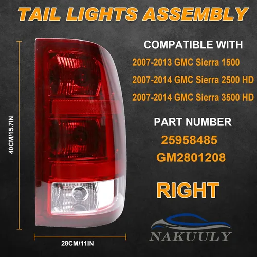 Miniatura 2 de Luz Trasera Compatible con 2007-2014 GMC Sierra 1500 2500HD 3500HD Luz de Freno, Señal, Bombilla # 25958485 GM2801208 del Lado Derecho del Pasajero