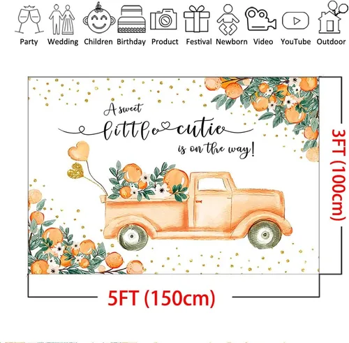 Miniatura 4 de Mocsicka A Little Cutie - Telón de fondo para baby shower, color naranja y camión, fondo de baby shower, tema mandarina, baby shower, para niña