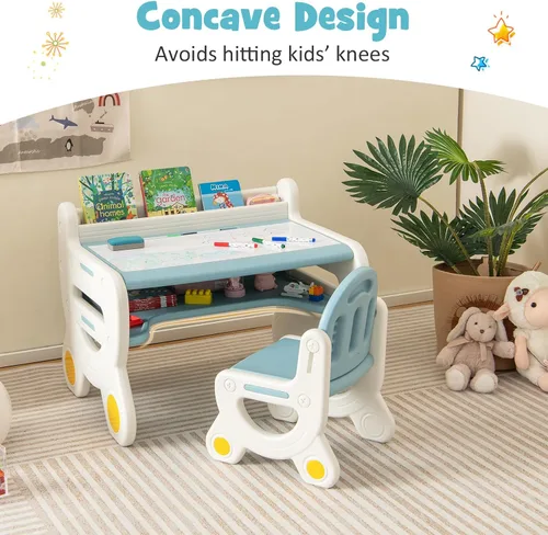 Miniatura 4 de Costzon - Juego de mesa y silla para bebé, escritorio de actividades de plástico con pizarra, bolígrafos de acuarela, borrador de pizarra y estante