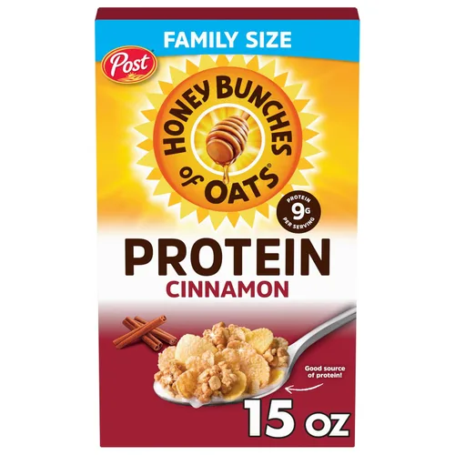 Honey Bunches of Oats Cereal de proteína de canela, desayuno o aperitivo, tamaño familiar, 15 onzas (paquete de 1)