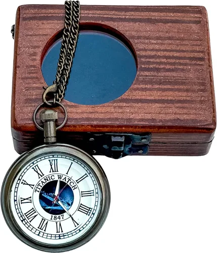 Miniatura 3 de Generic Hassanhandicrafts Reloj de bolsillo de latón antiguo antiguo con esfera de barco Titanic con caja de madera