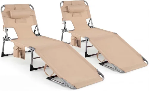 Miniatura 11 de Tangkula Silla de bronceado con agujero frontal, plegable y ajustable para patio, silla reclinable, para playa, tomar el sol, con bolsillo lateral
