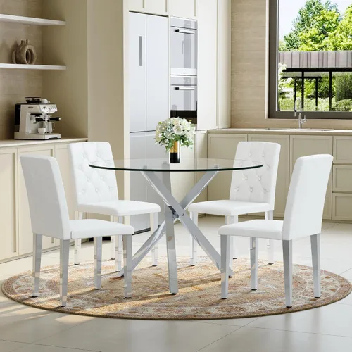 Miniatura 13 de Juego de mesa de comedor redonda de vidrio para 4, mesa de cocina redonda de 39 pulgadas y sillas para 4 personas con tapa de vidrio templado y base