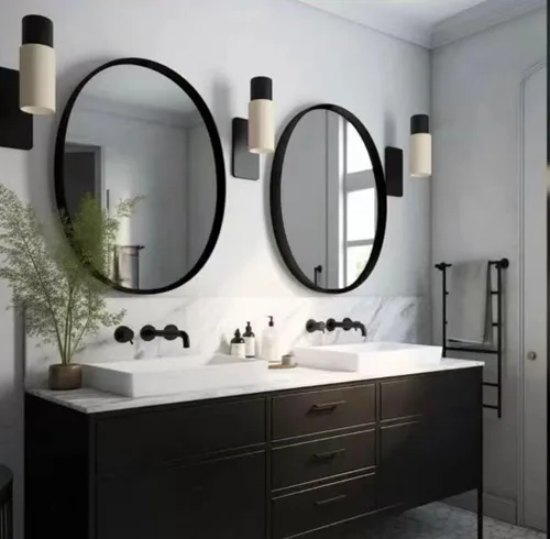 USHOWER Paquete de 2 espejos de baño para sobre el fregadero, espejo circular de 24 pulgadas con marco de metal, espejo de pared negro, decoración