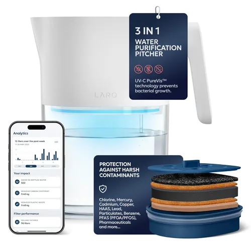 LARQ PureVis - Jarra de agua 3 en 1, purificador, filtro y seguimiento, jarra purificadora de agua de 8 tazas con filtro avanzado para agua limpia y