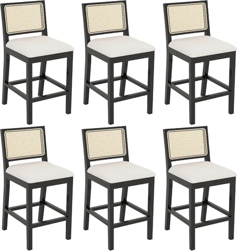 Miniatura 12 de Westice Juego de 2 taburetes de bar de ratán, taburetes de altura de mostrador de granja de 26 pulgadas con respaldo de caña y marco de madera