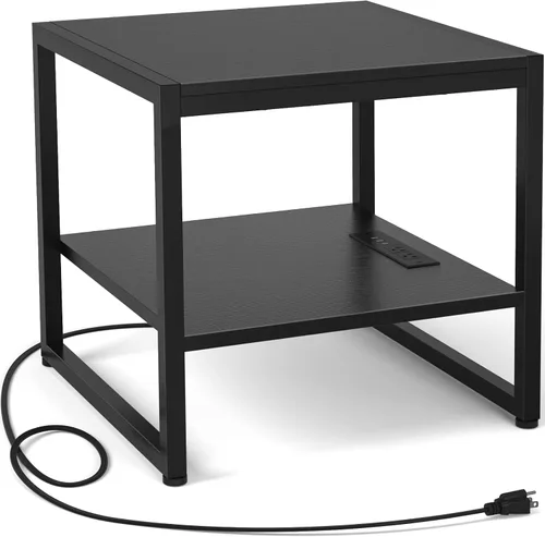 Homieasy - Mesa auxiliar con estación de carga, soporte para mini refrigerador de 20 pulgadas con estante abierto de 2 niveles, mesita de noche