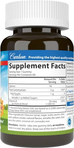 Miniatura 7 de Carlson - Gomitas de vitamina D3, 1000 UI (25 mcg), salud ósea, apoyo inmunológico y absorción de calcio, sabores naturales de frutas, 60 gomitas
