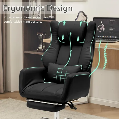 Miniatura 4 de Silla ergonómica de oficina con piernas cruzadas con reposapiés, silla ejecutiva de cuero grande y alta con apoyabrazos reversible, almohada lumbar