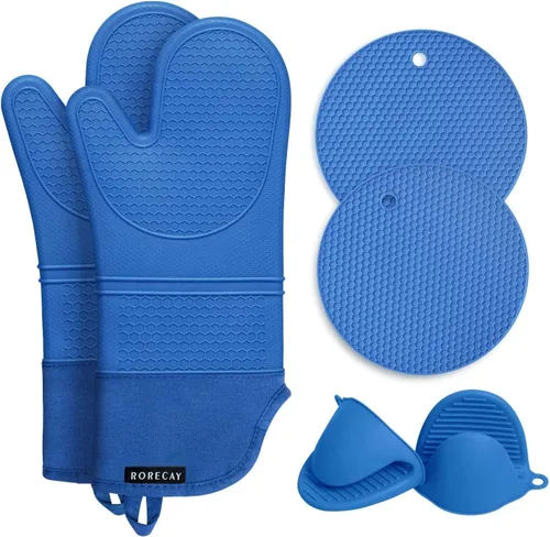Miniatura 9 de Rorecay Juego de 6 guantes de horno y soportes para ollas para cocina, guantes de horno extralargos de silicona, resistentes al calor, 500 grados