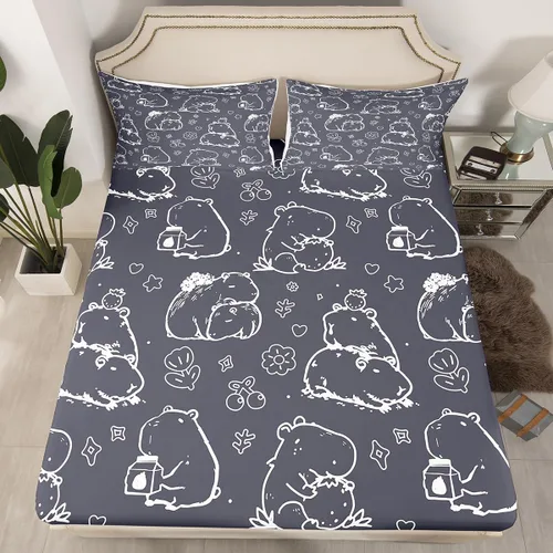 Miniatura 17 de Sábana bajera ajustable de Capybara de dibujos animados tamaño individual para niños, bonito juego de cama de Capybaras marrón para niños y niñas