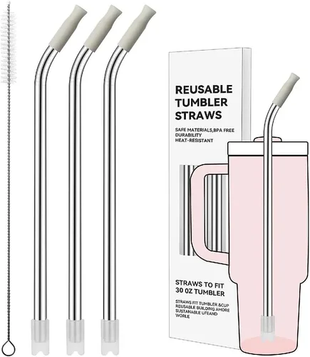 Miniatura 14 de Pajitas de metal rectas para vaso Stanley de 40 onzas, paquete de 3 popotes reutilizables de acero inoxidable con puntas de silicona y cepillo Gris