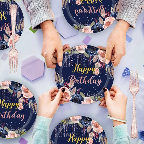 Miniatura 3 de Juego de 97 platos y servilletas de cumpleaños, color azul marino, oro rosa, para mujeres y niñas, platos de papel floral, vajilla, mantel