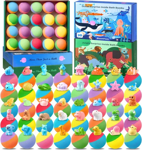 40 bombas de baño para niños con sorpresa en el interior, set de regalo de juguetes de animales del océano y la selva con ingredientes naturales
